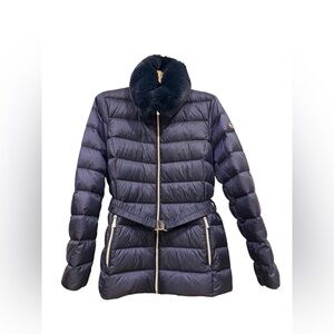 Michael Kors Navy Down Packable Puffer Jacket Faux Fur Trim Size